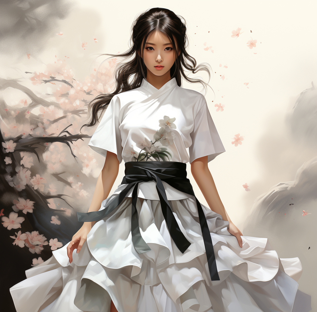صورة مولدة بالذكاء الاصطناعي: Midjourney prompt: anime girl in full white outfit holding Japanese t... (نموذج Midjourney - صور شخصية)