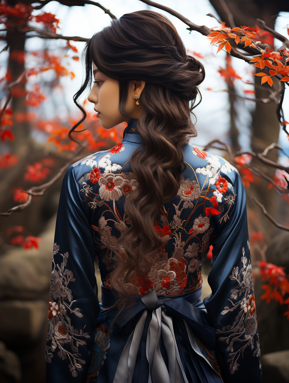 Midjourney prompt: a woman standing alone outdoors with her long hair... - Midjourney