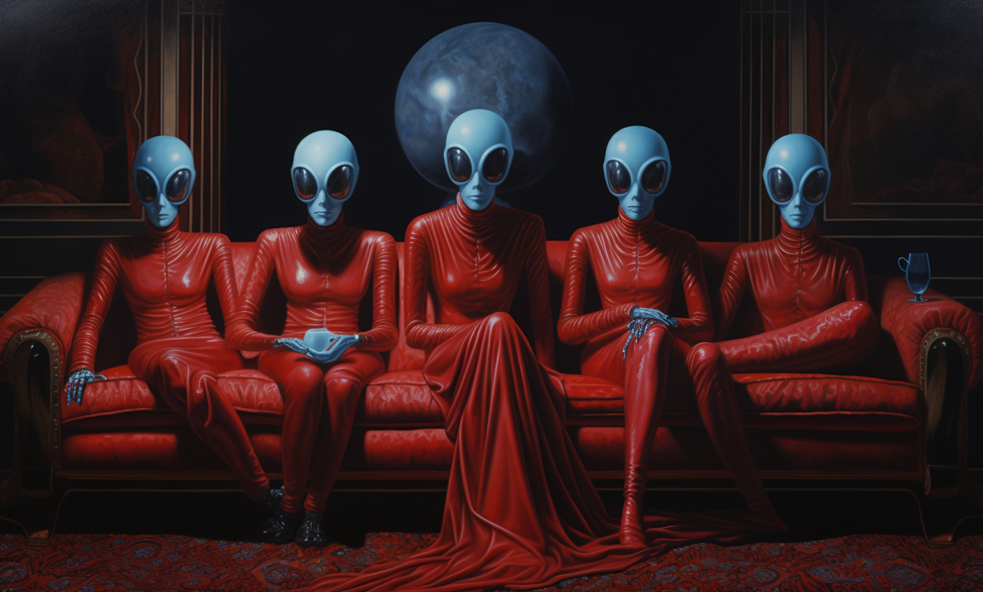 Midjourney prompt: **the painting shows four aliens sitting on a sofa... - Midjourney