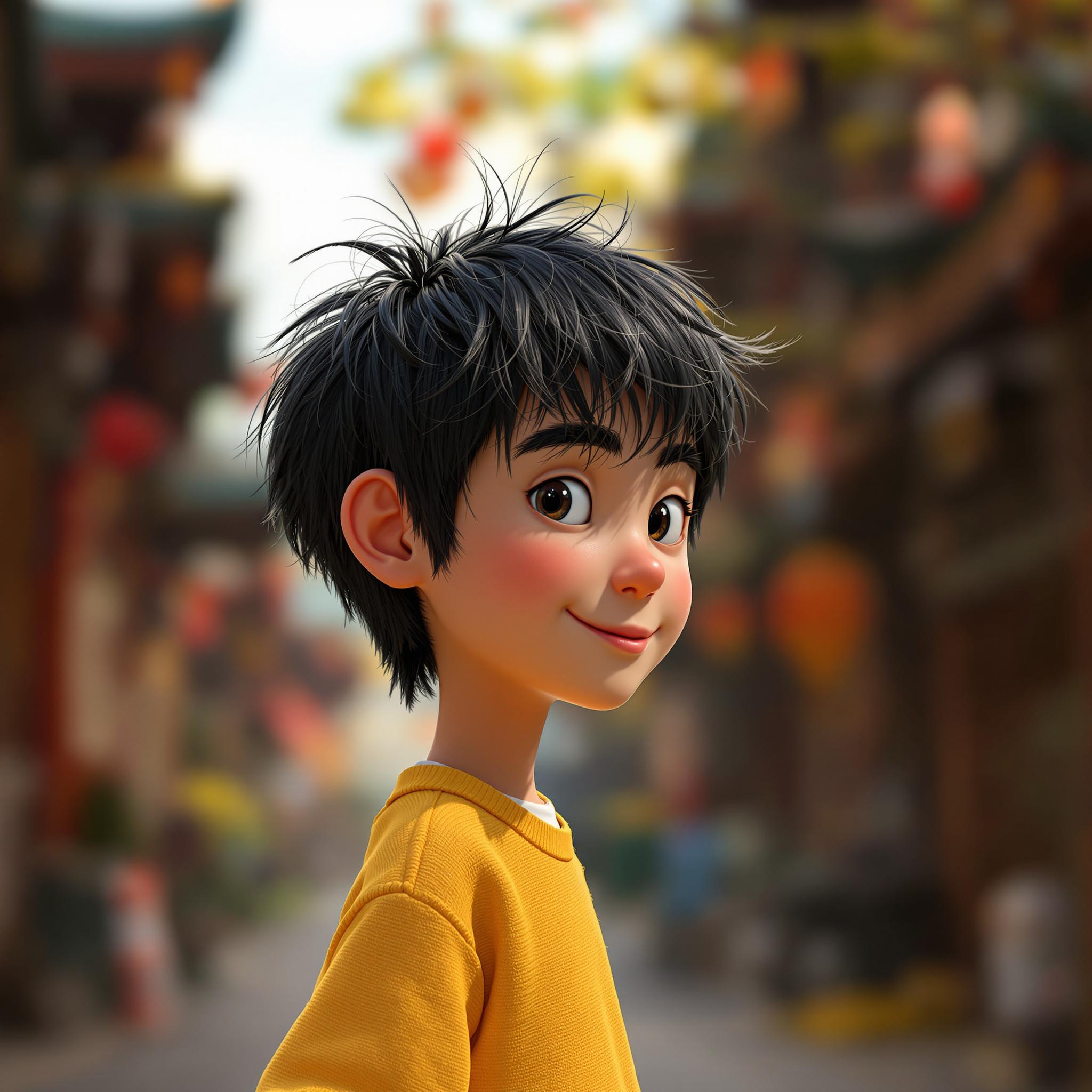 صورة مولدة بالذكاء الاصطناعي: FLUX prompt: A Chinese boy with black hair and yellow shirt, re... (نموذج FLUX - صور شخصية)