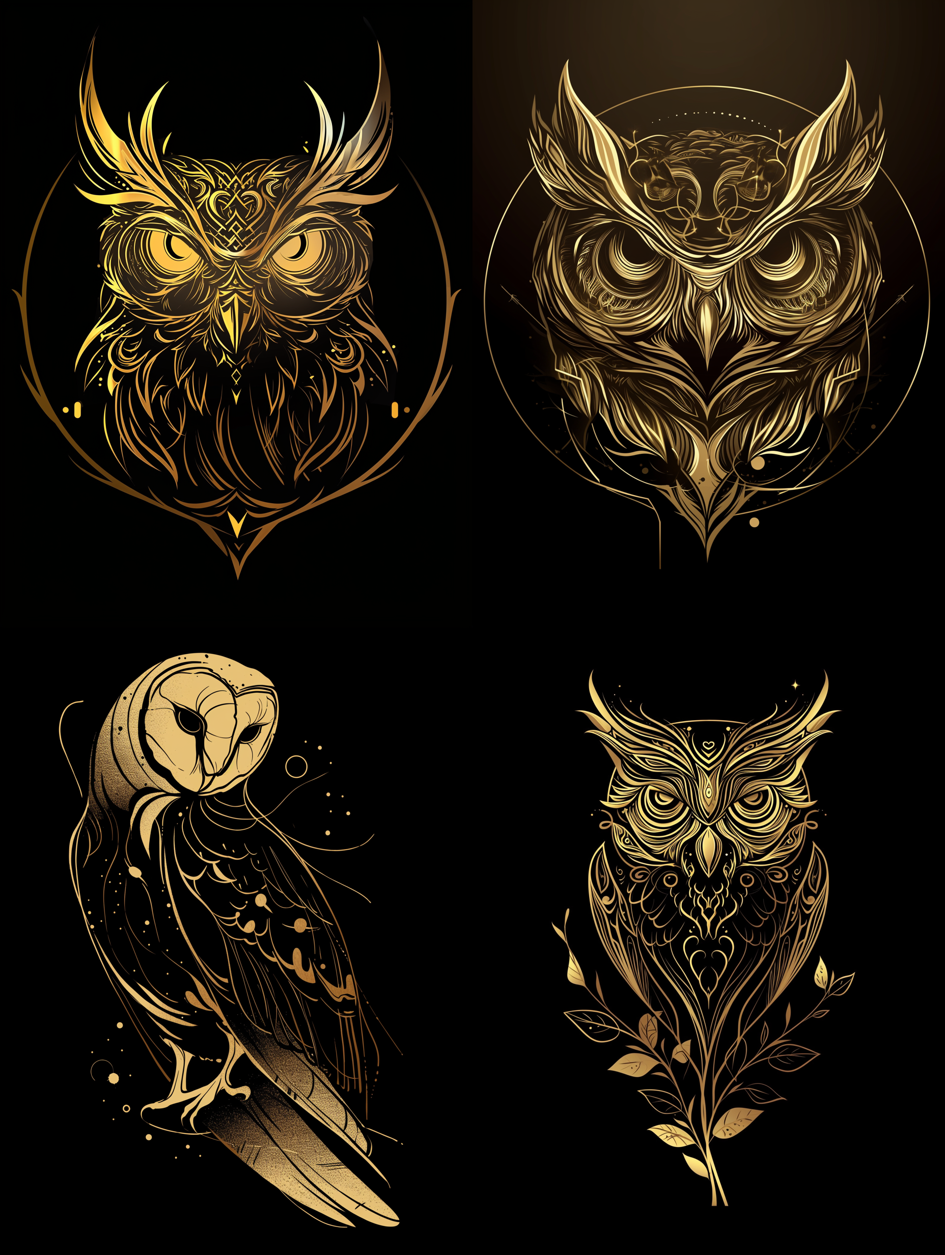 AI generated: Midjourney prompt: Line art logo of a owl, golden, minimal, solid bla... (Midjourney - Logo Icon Design)