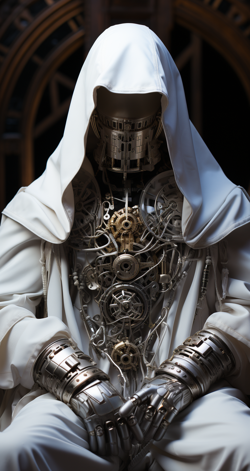 Midjourney prompt: the body of a man being simulated in white hood, i... - Midjourney