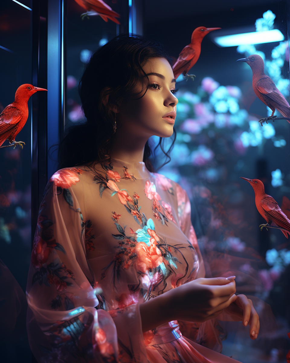 صورة مولدة بالذكاء الاصطناعي: Midjourney prompt: hologram of hybrid of woman and bird, vogue aesthe... (نموذج Midjourney - صور شخصية)
