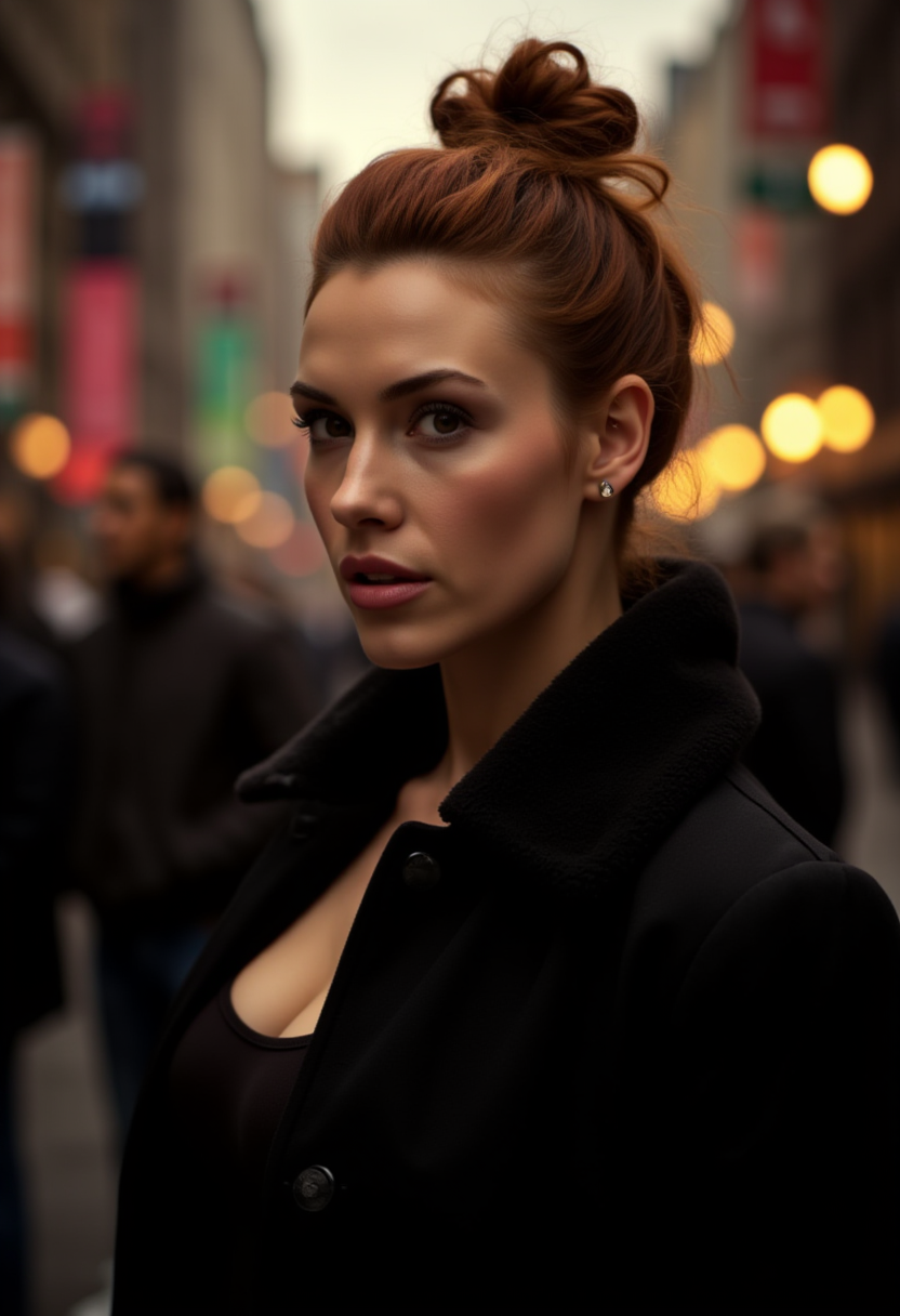 FLUX prompt: A woman with auburn hair in a messy updo, wearing ... - FLUX