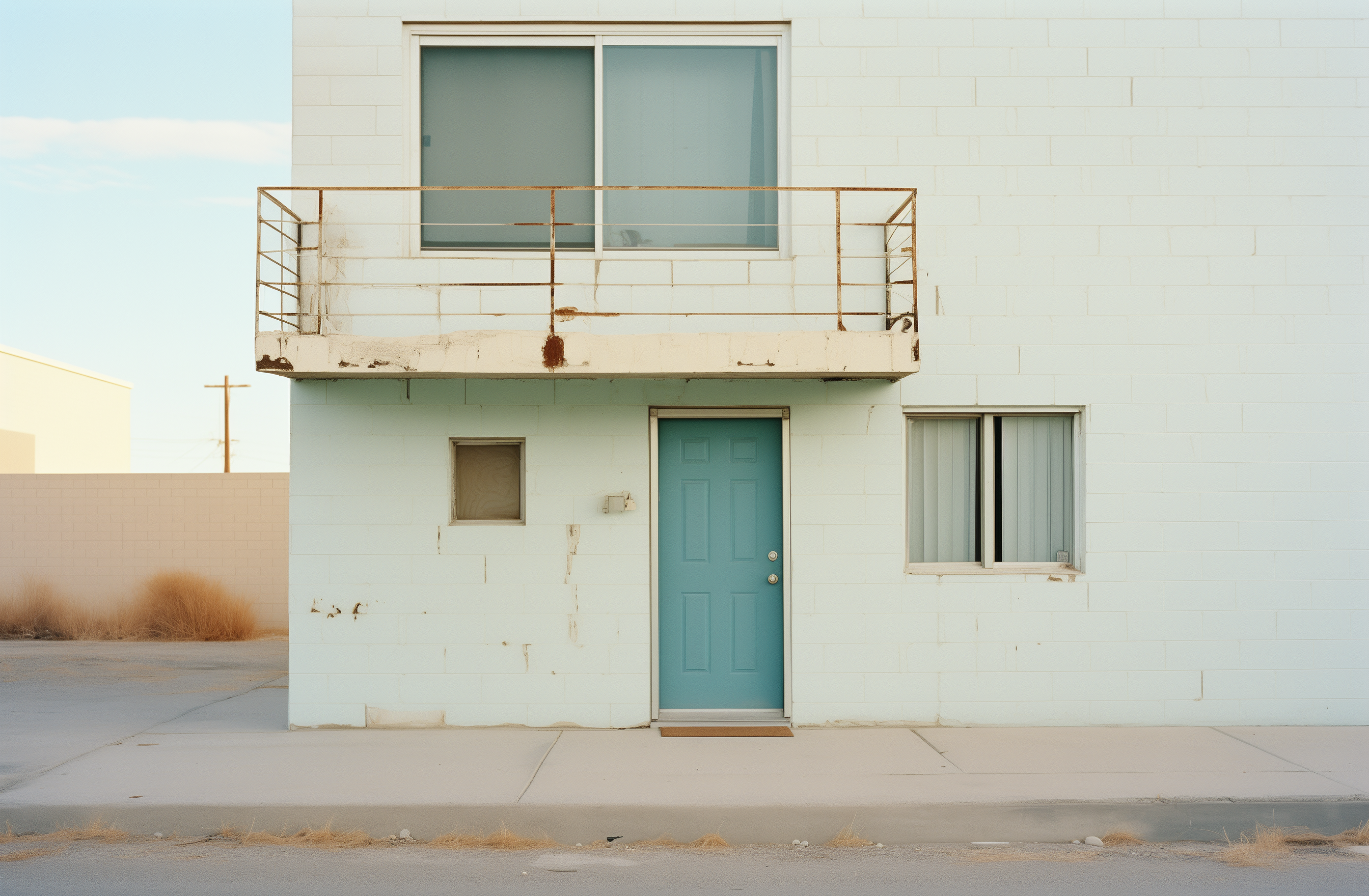 AI generated: Midjourney prompt: A small white brick motel with blue door, in an ab... (Midjourney - Architecture)