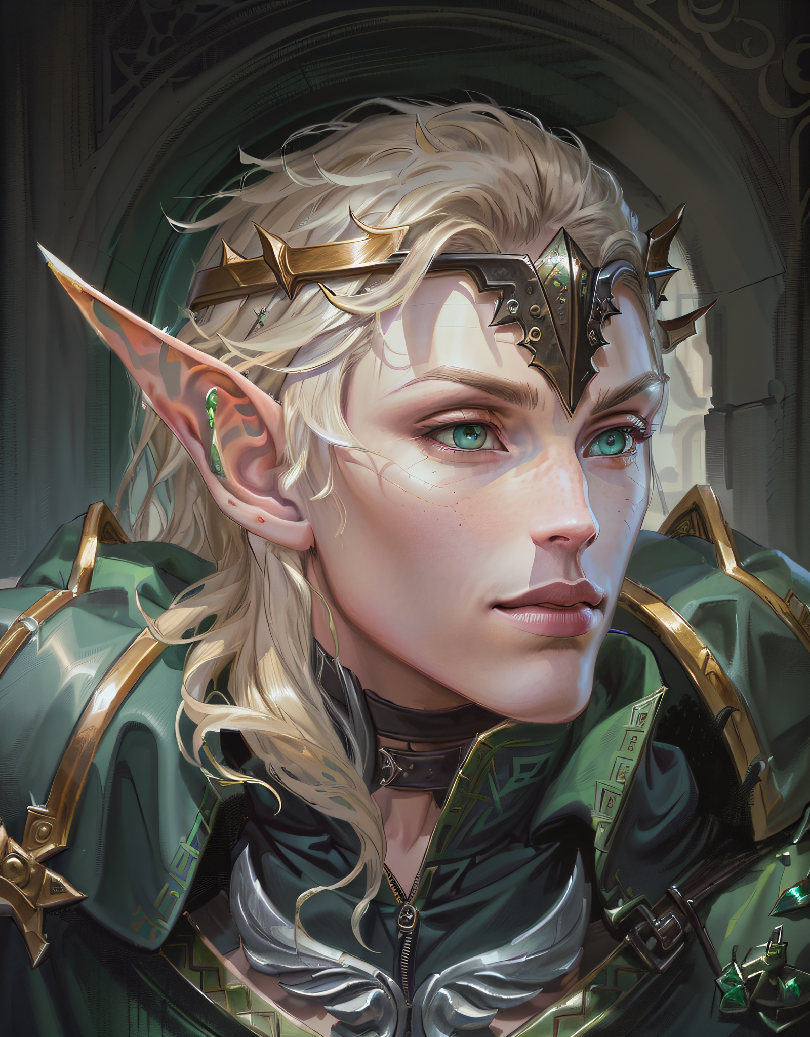 صورة مولدة بالذكاء الاصطناعي: ReV Animated prompt: a close up of a person with green eyes and a sword... (نموذج ReV Animated - فن مفاهيمي)