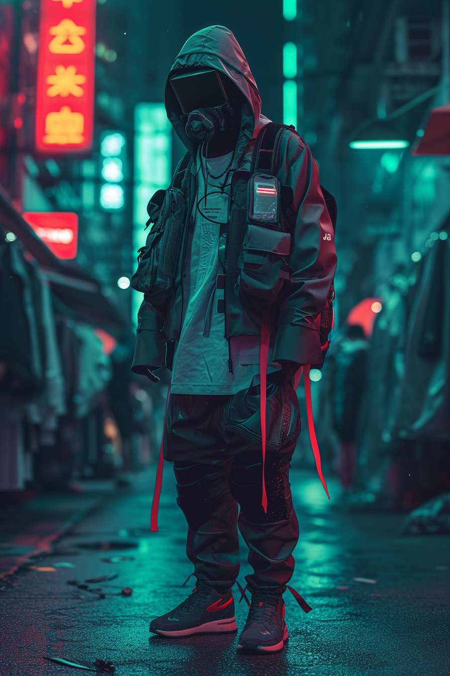 Midjourney prompt: cyberpunk guy techwear streetwear look and clothes... - Midjourney