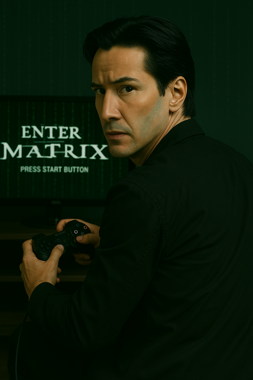 صورة مولدة بالذكاء الاصطناعي: Sora prompt: A Matrix character watching you as he plays the pl... (نموذج Sora - فن مفاهيمي)