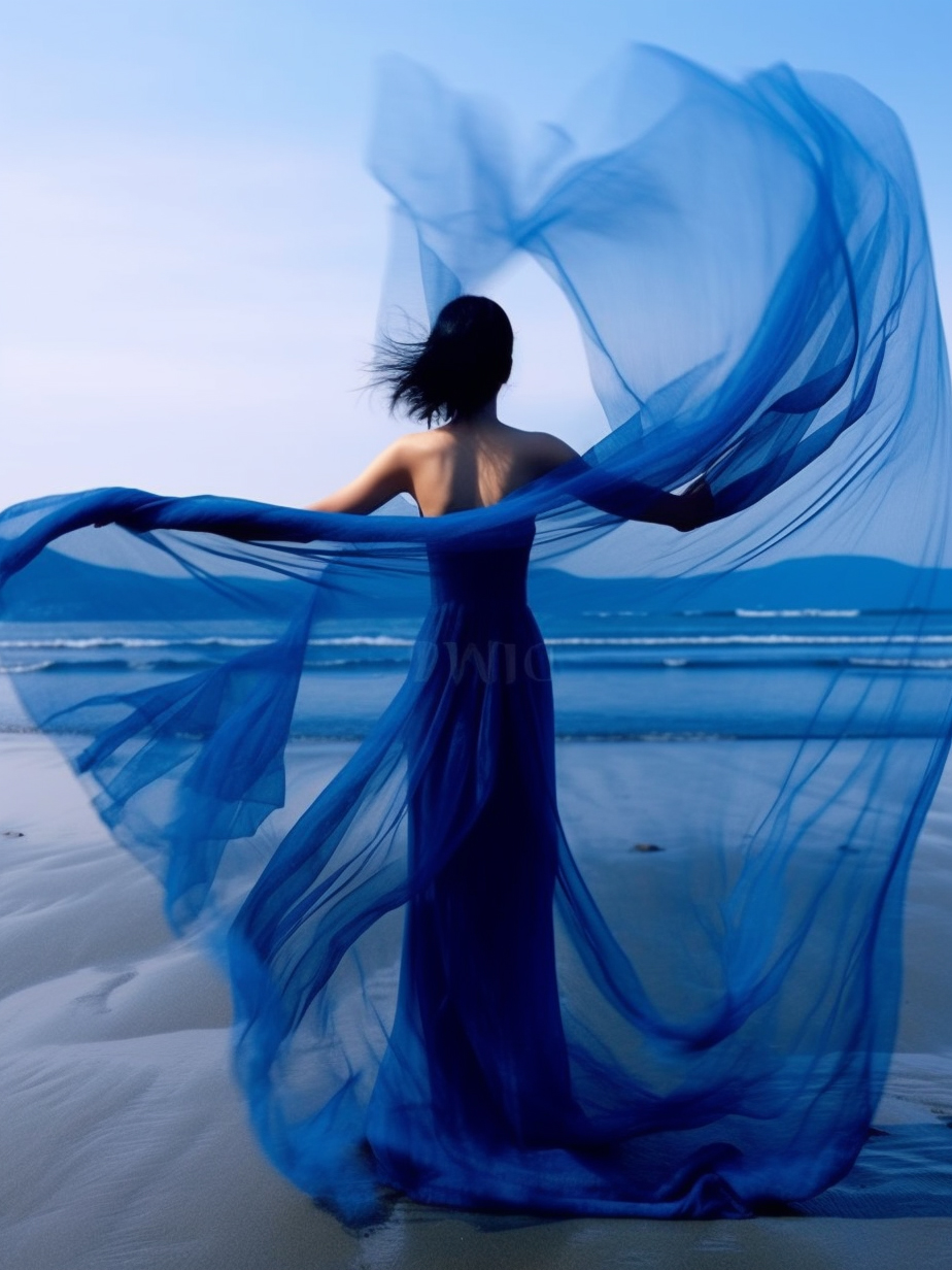 Midjourney prompt: a woman in a blue dress on the beach, in style of ... - Midjourney