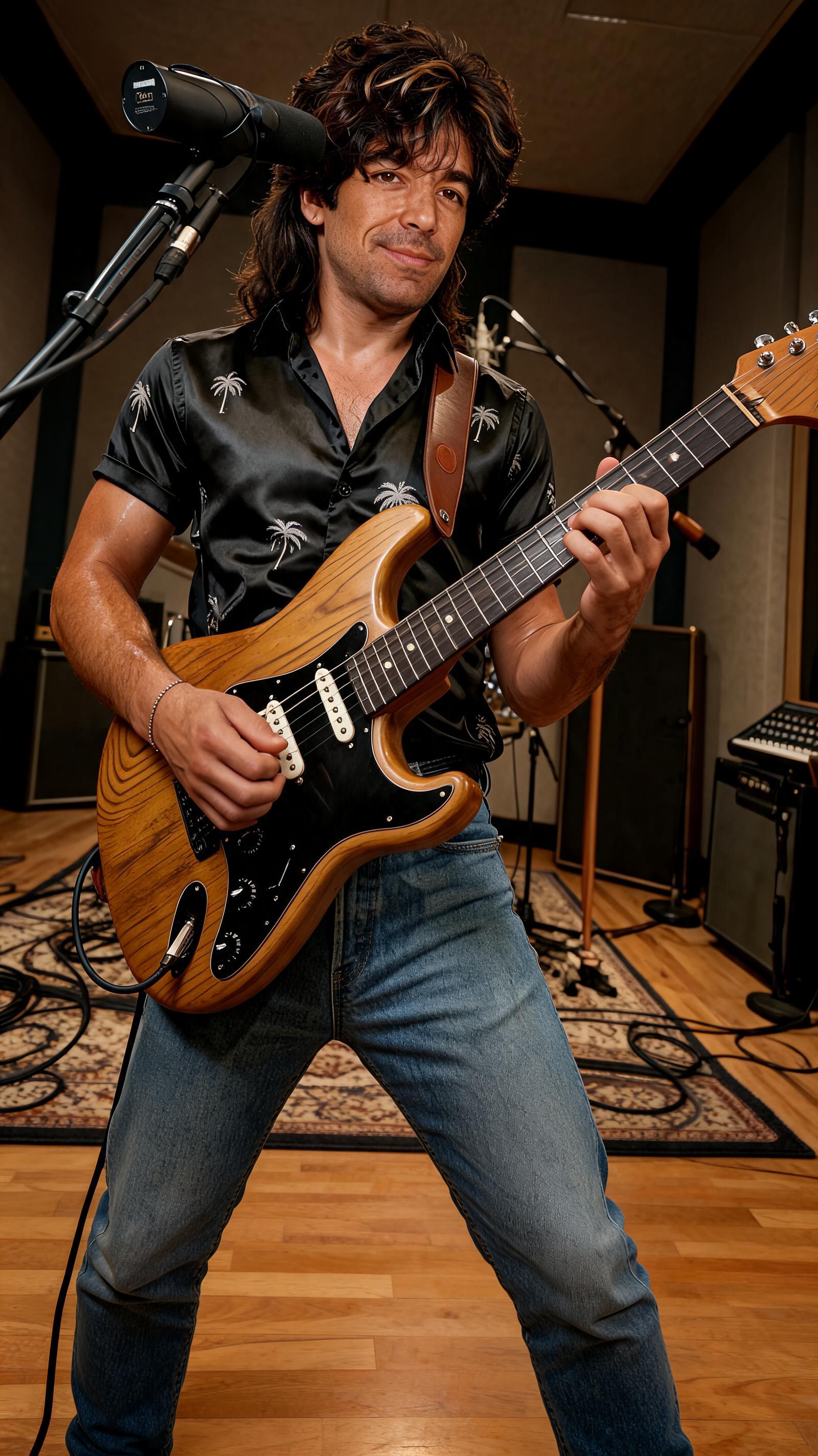 صورة مولدة بالذكاء الاصطناعي: Seedream 5 prompt: Rock guitar player wearing a black, satin Hawaiian... (نموذج Seedream 5 - تصوير فوتوغرافي)