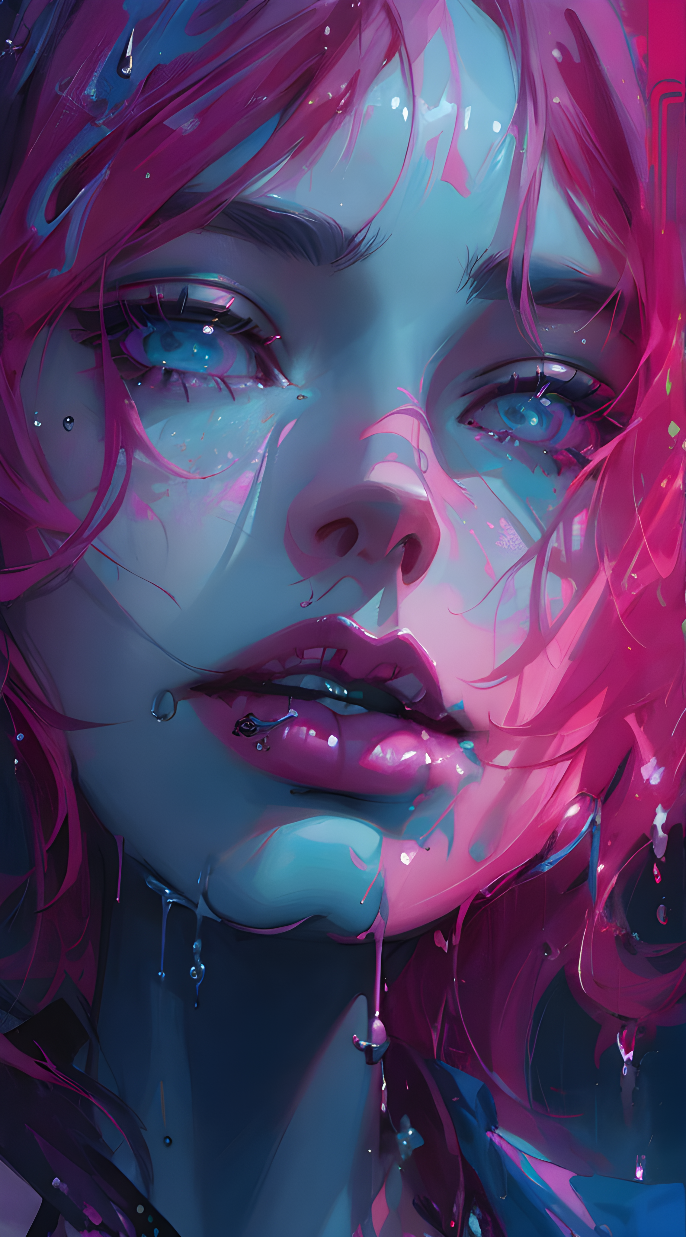 DreamShaper prompt: a painting of a woman with pink hair, cyberpunk ar... - DreamShaper