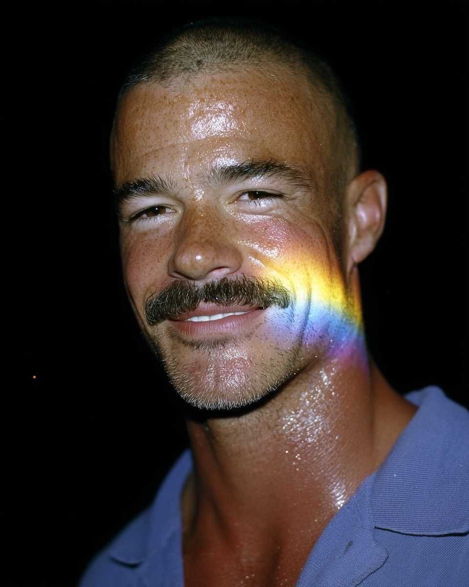 AI generated: Stable Diffusion prompt: A man in a dark setting with a rainbow reflection ... (Stable Diffusion - Photography)