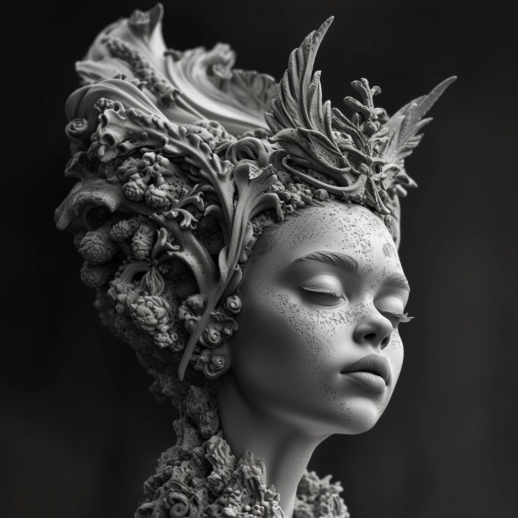 AI generated: Midjourney prompt: a black and white sculpture of a woman with an ela... (Midjourney - Portraits)