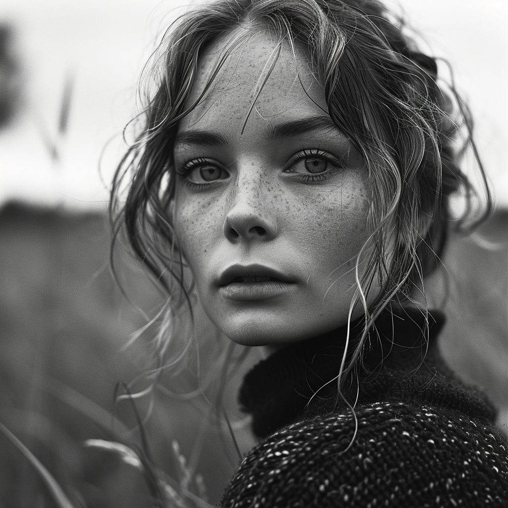 Midjourney prompt: a young woman in a black sweater standing in the g... - Midjourney