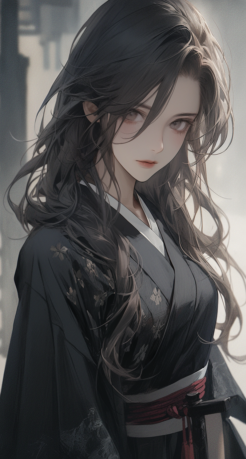 AI generated: Midjourney prompt: a girl in black wears an asian robe posing for a p... (Midjourney - Anime)