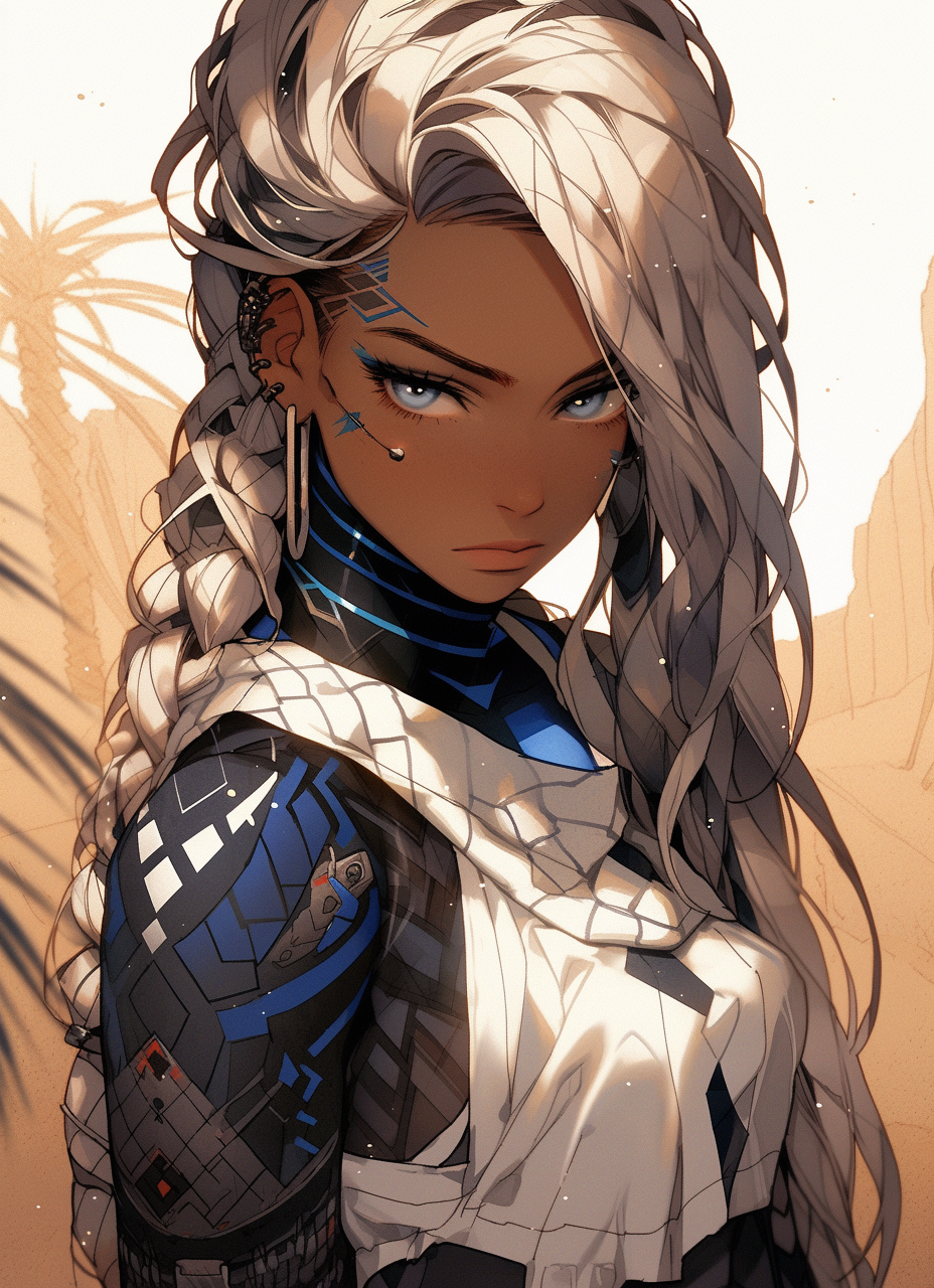 AI generated: Midjourney prompt: a girl with makeup and an armor on her face, in th... (Midjourney - Anime)