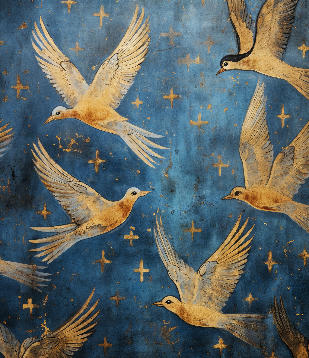 AI generated: Midjourney prompt: medieval painting of birds flying in the sky, blue... (Midjourney - Character Design)