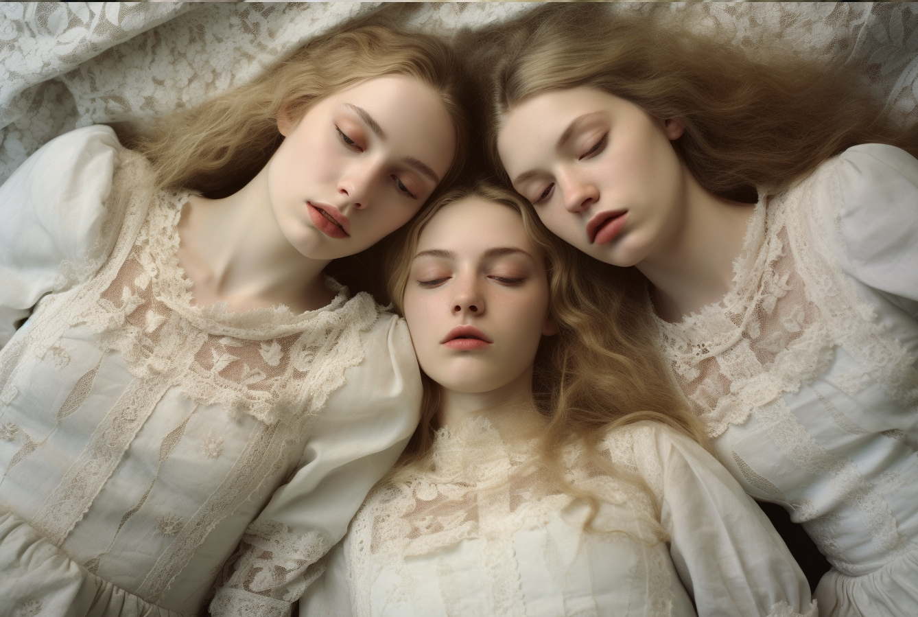 AI generated: Midjourney prompt: a couple of women laying on top of a bed, style of... (Midjourney - Fashion)