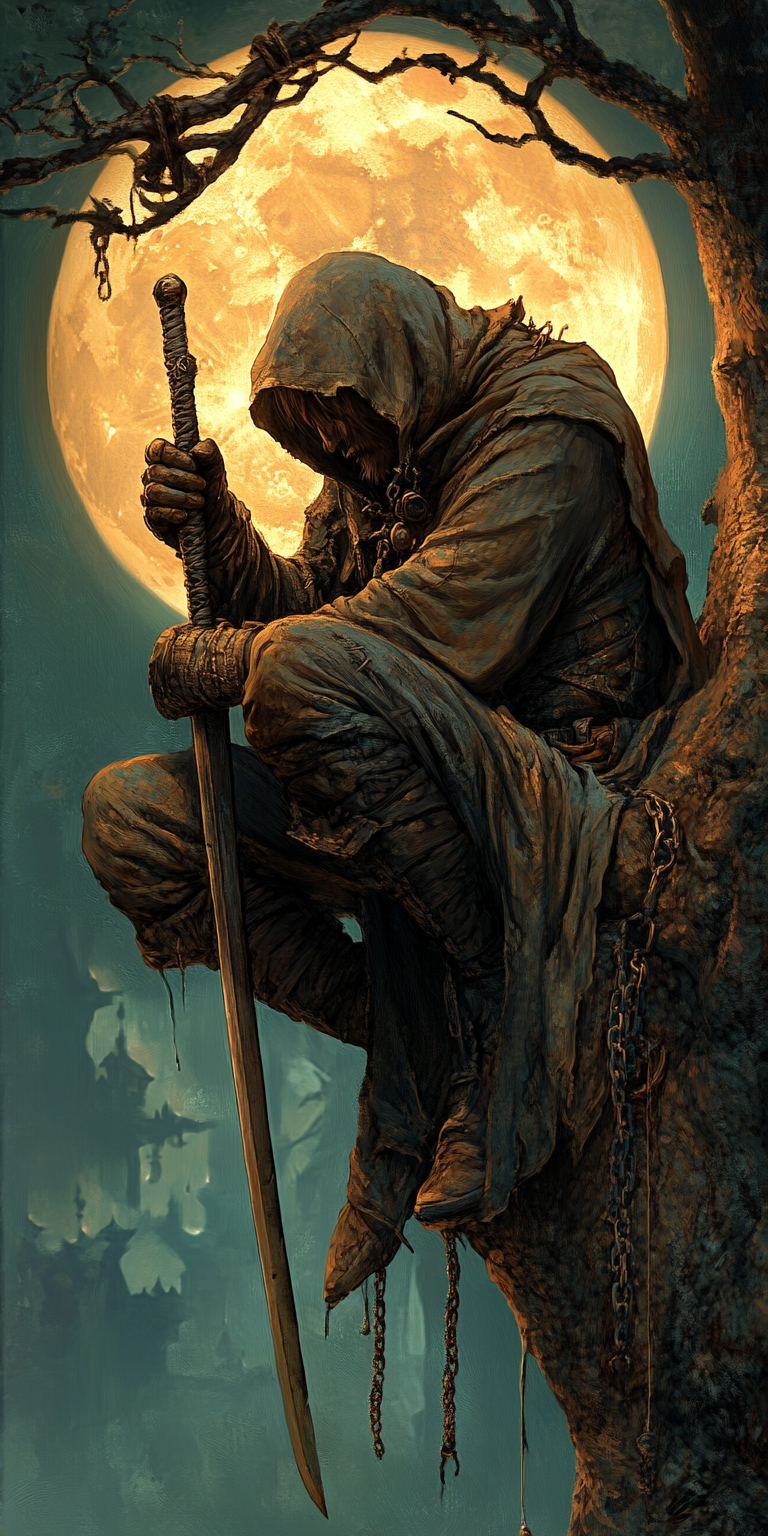 AI generated: Midjourney prompt: A hooded figure sits on the edge of an old tree, h... (Midjourney - Character Design)