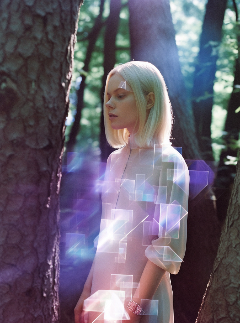 AI generated: Midjourney prompt: a woman standing next to a tree in a forest, dichr... (Midjourney - Fashion)