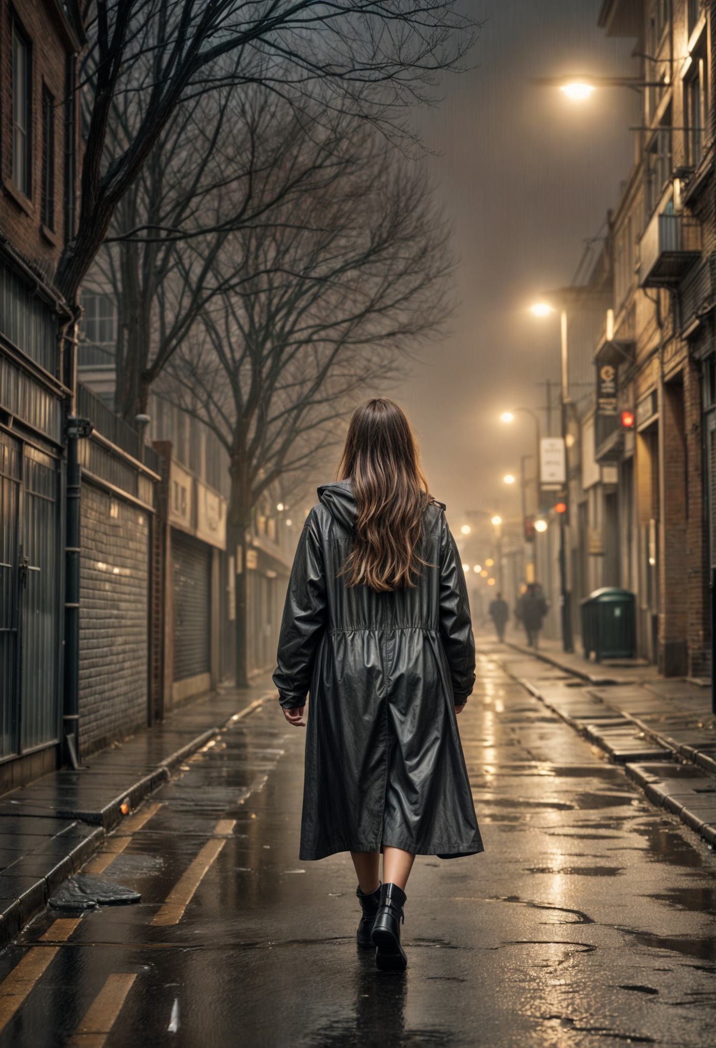 صورة مولدة بالذكاء الاصطناعي: Stable Diffusion prompt: A backview of a woman walking alone down a wet pav... (نموذج Stable Diffusion - صور شخصية)