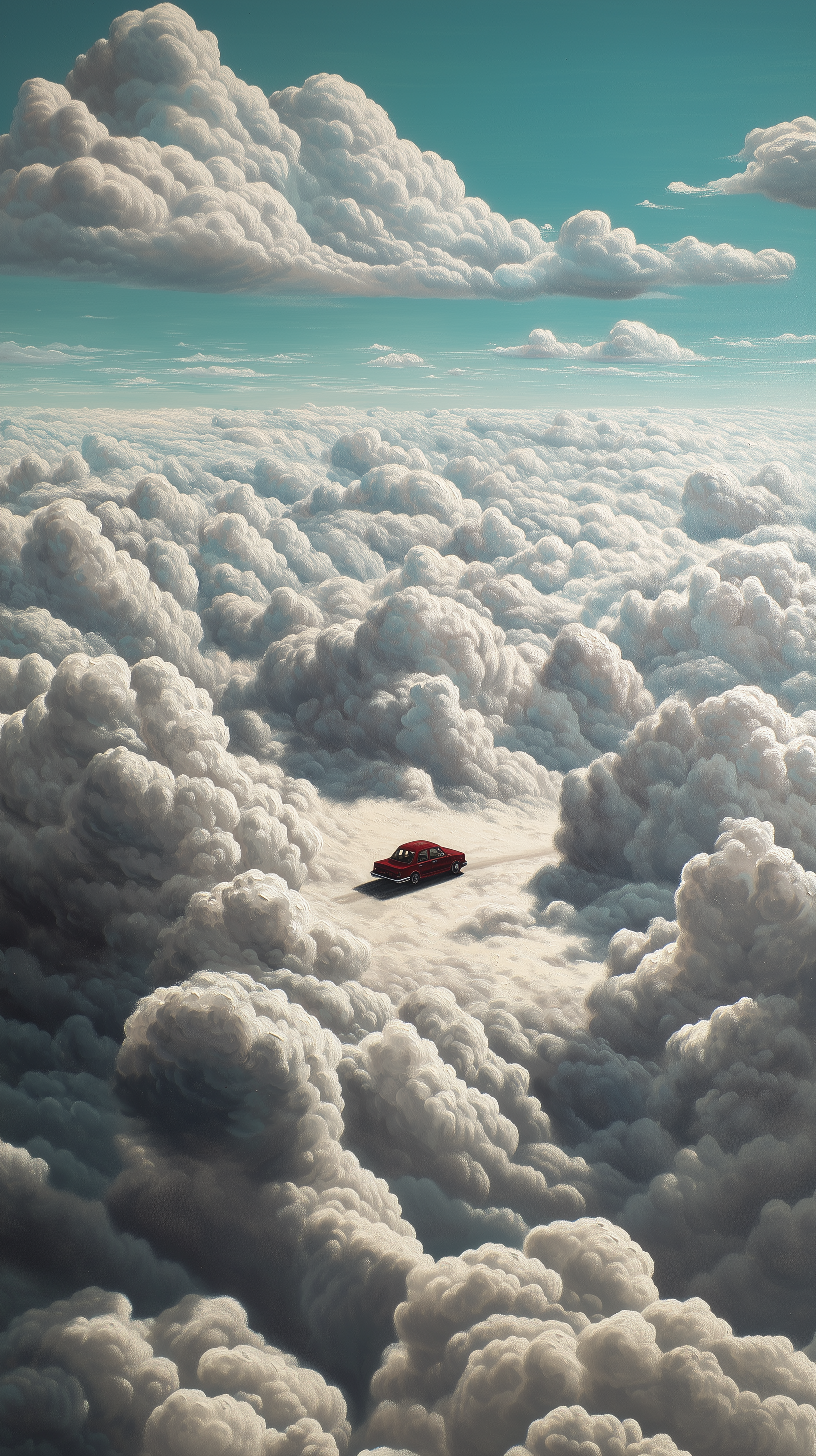 صورة مولدة بالذكاء الاصطناعي: Midjourney prompt: oil painting, car, in the clouds, dreamlike --ar 9 (نموذج Midjourney - فن مفاهيمي)