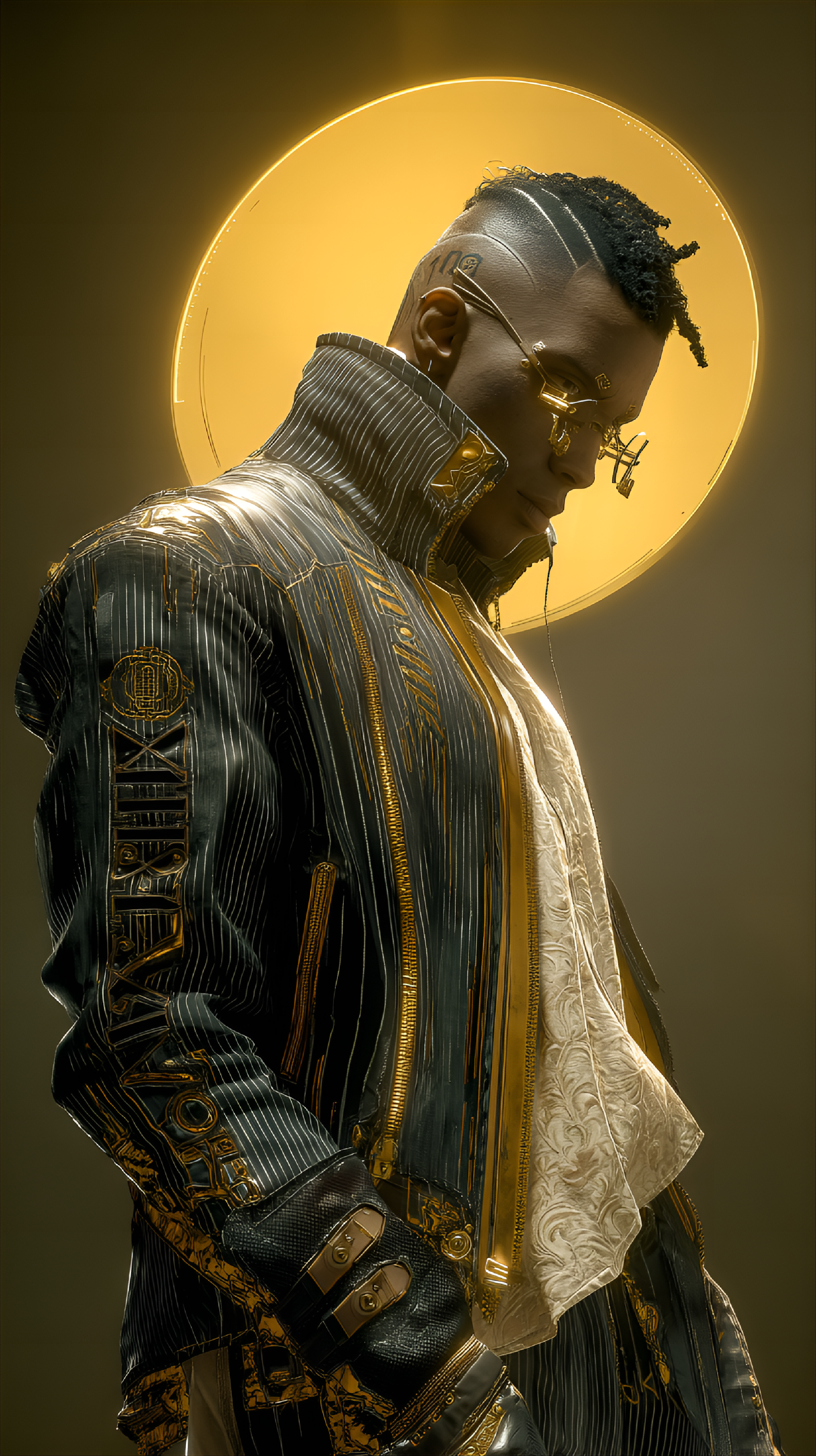 AI generated: Midjourney prompt: Dark-skinned male, mid-20s, wearing a dark gray, f... (Midjourney - Concept Art)