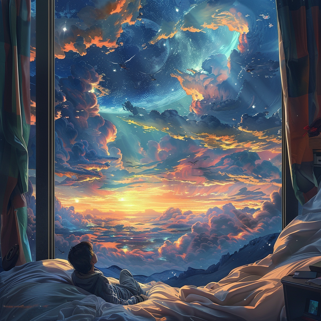 AI generated: Midjourney prompt: person is lying down on bed and watching the sky, ... (Midjourney - Portraits)