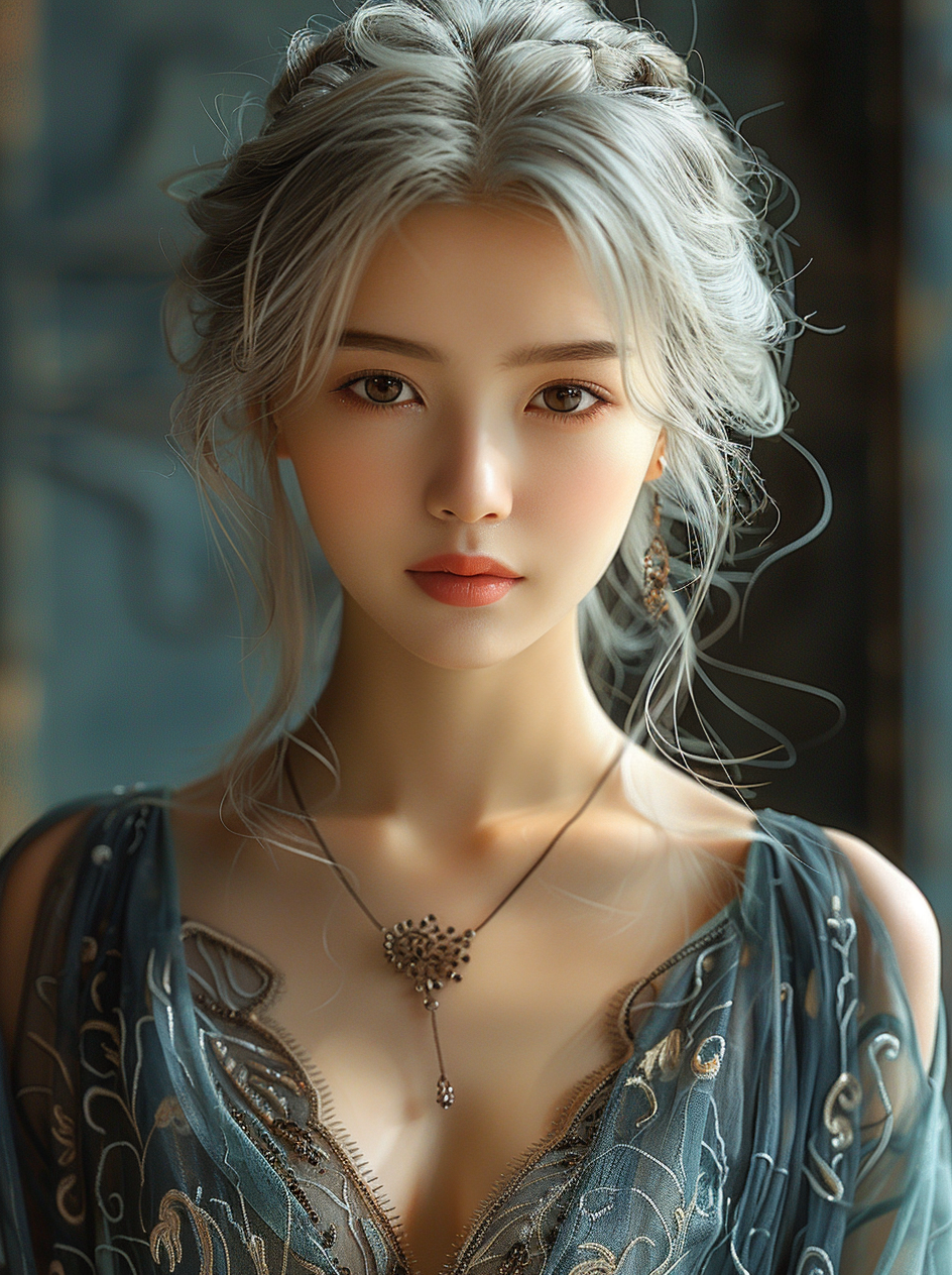 AI generated: Midjourney prompt: A Chinese girl with silver white hair, exquisite f... (Midjourney - Photography)