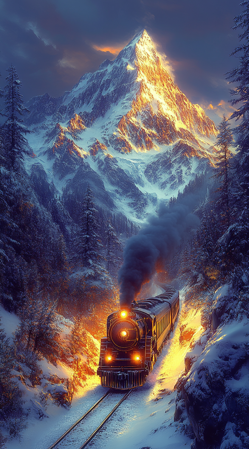 AI generated: Midjourney prompt: A luxurious oriental train with golden lights is d... (Midjourney - Landscapes)