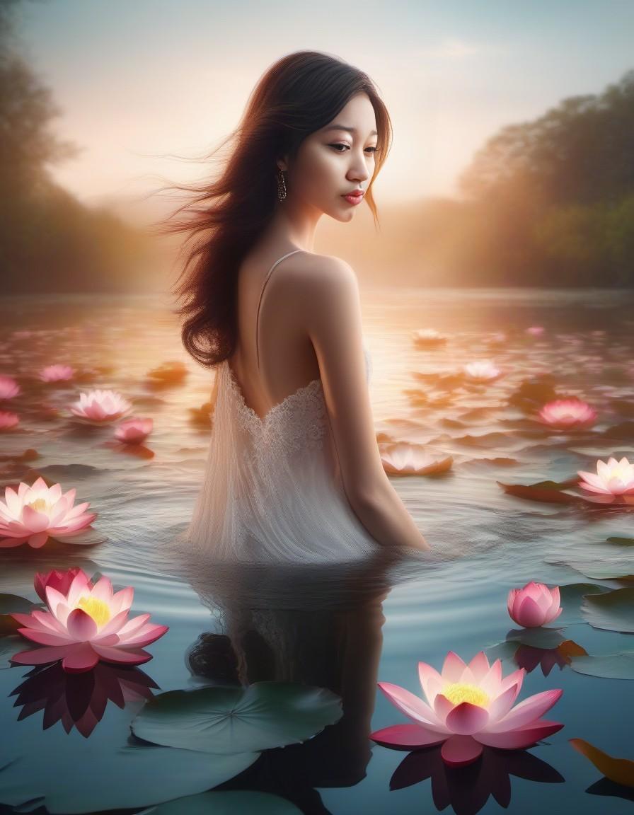 Deliberate prompt: A visual stunning photo of a woman bathing in a la... - Deliberate