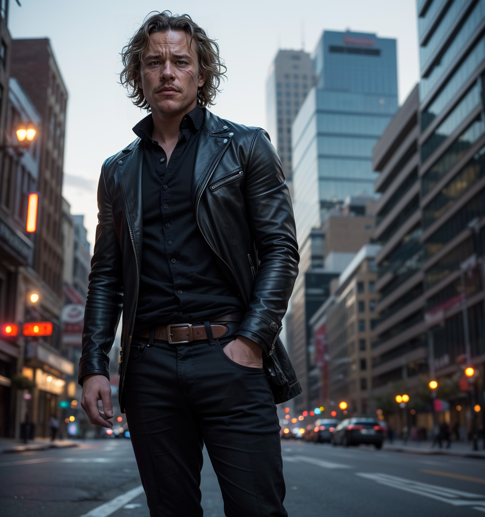 AI generated: Stable Diffusion prompt: Medium Long Shot, looking_at_ viewer, Heath Ledger... (Stable Diffusion - Photography)