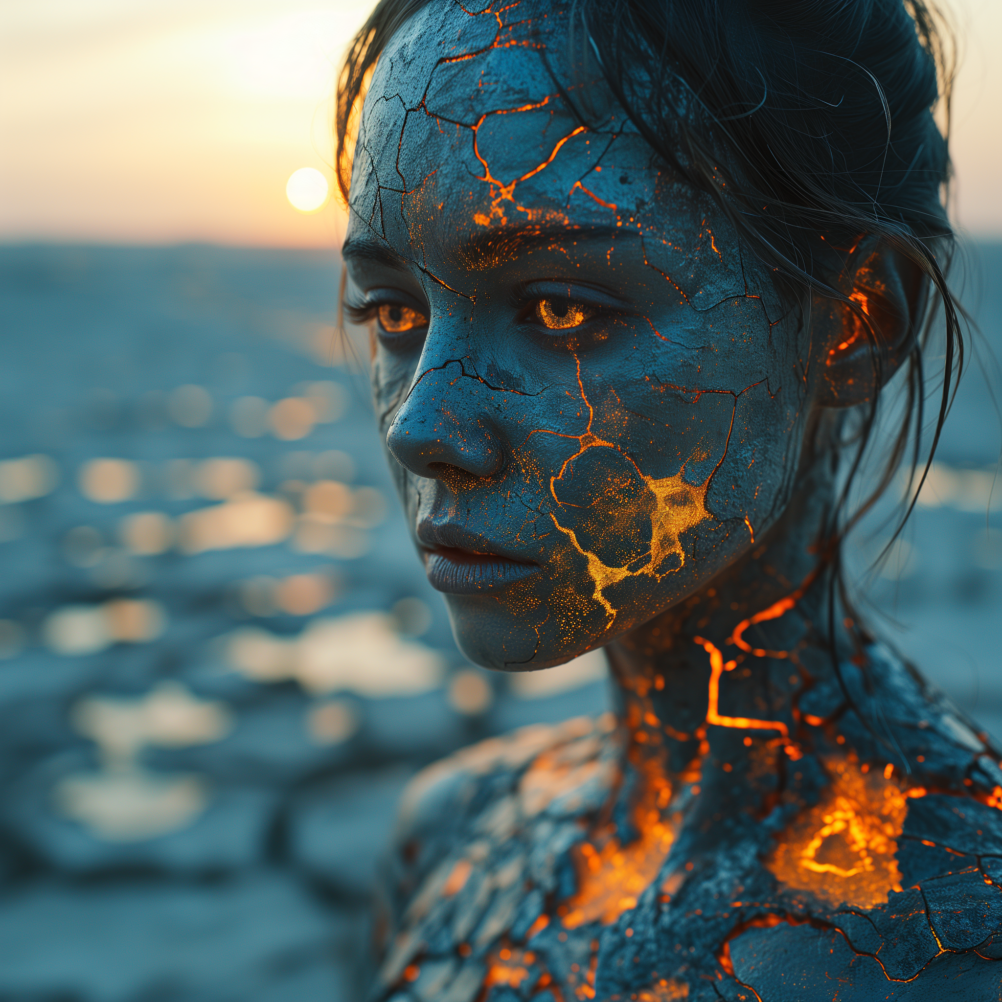 AI generated: Midjourney prompt: Meta Human with bio-illuminated cracks like veins,... (Midjourney - Concept Art)