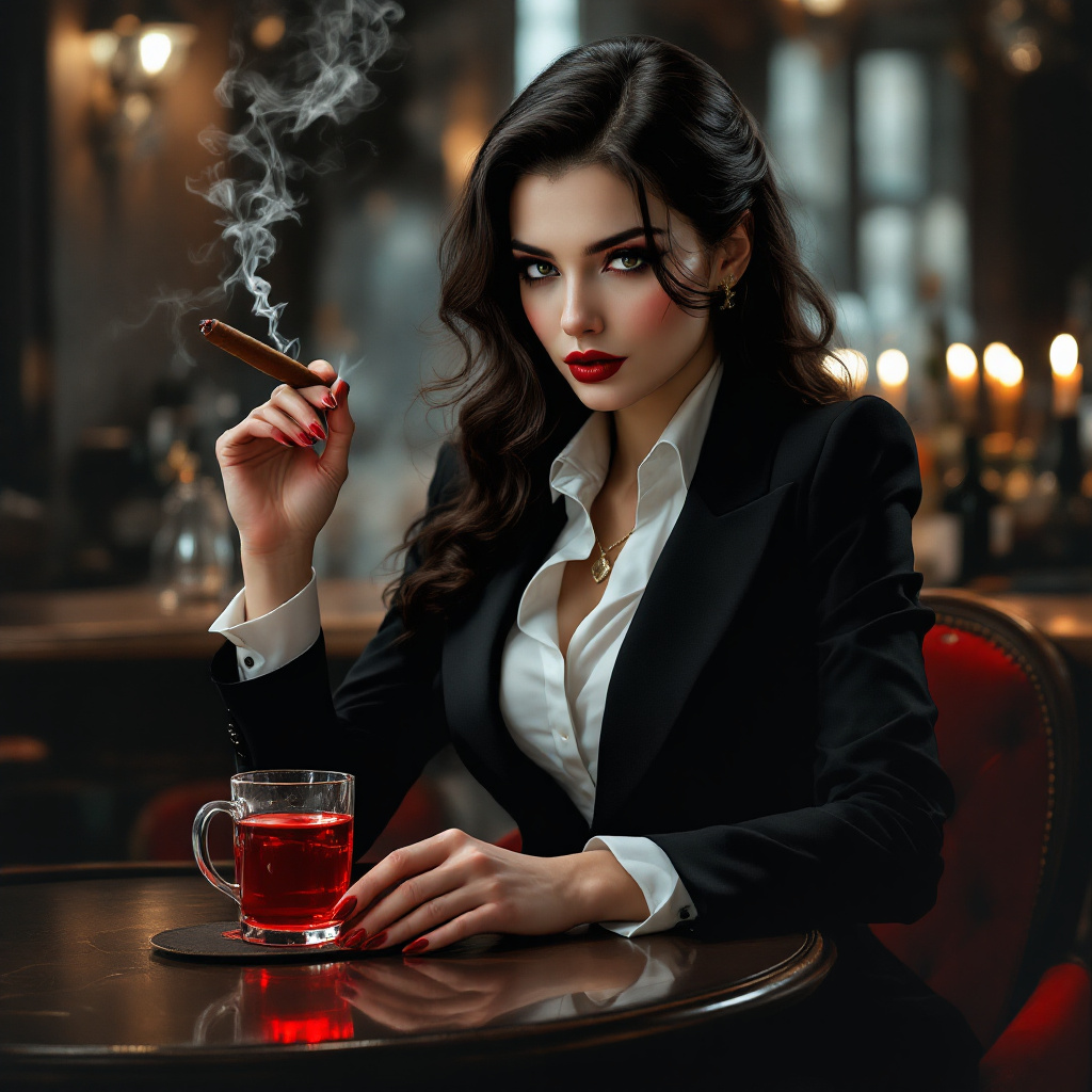 AI generated: FLUX prompt: portrait of a Elegant female vampire , wear a bus... (FLUX - Portraits)