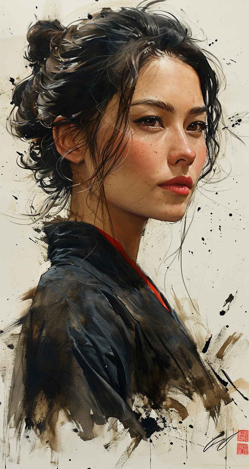 AI generated: Midjourney prompt: Japanese ink drawing of a stunning Japanese woman,... (Midjourney - Portraits)