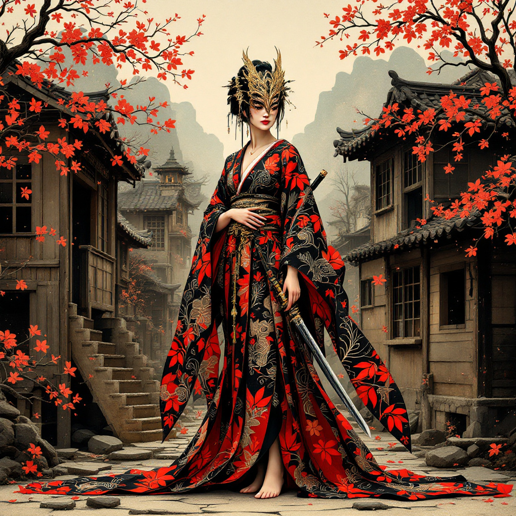 AI generated: FLUX prompt: Full body view of a geisha-ninja fusion, set in a ... (FLUX - Concept Art)