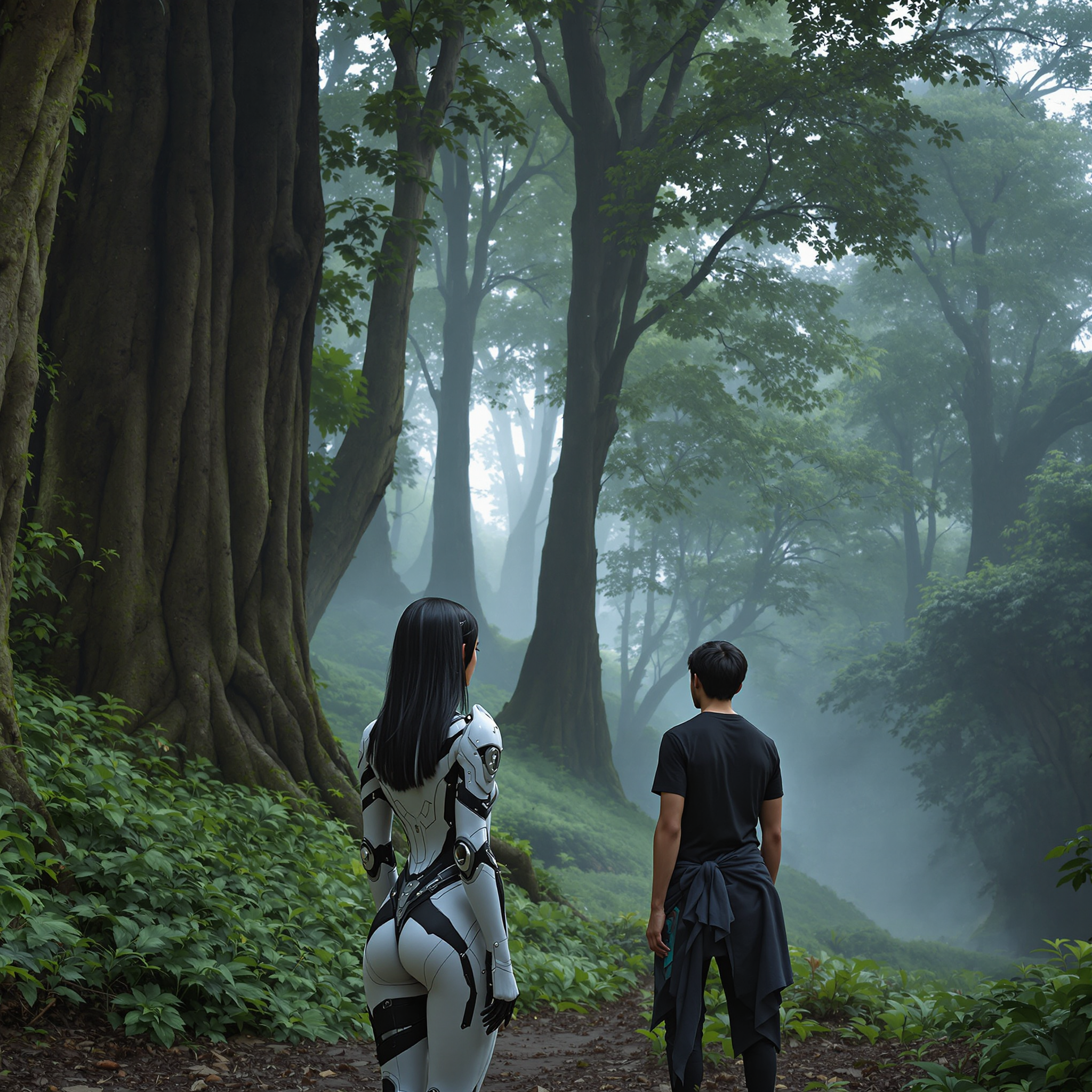 FLUX prompt: The morning mist clings to the towering tree...