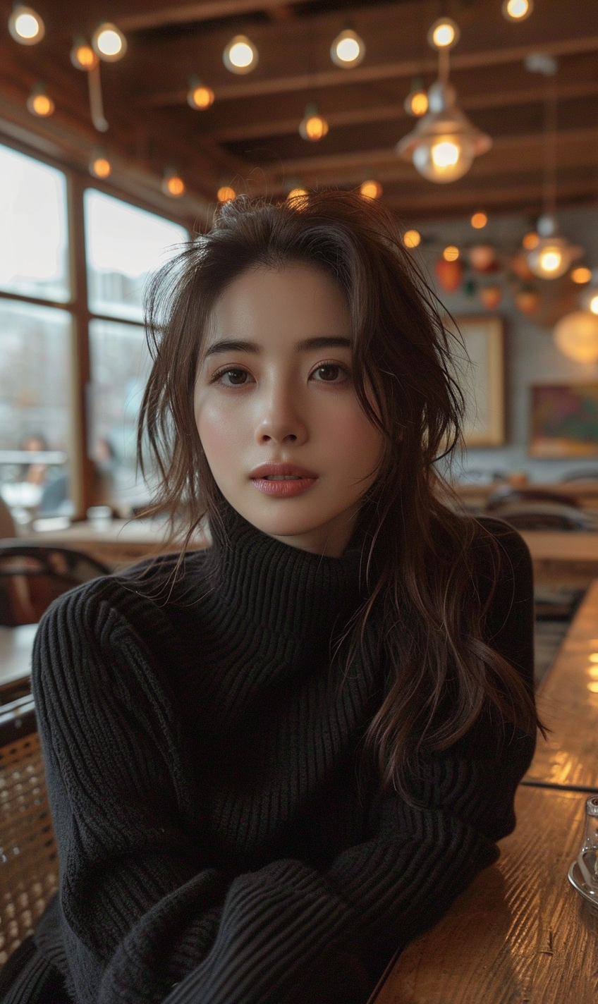 Midjourney prompt: Beautiful woman in black sweater at a restaurant t... - Midjourney
