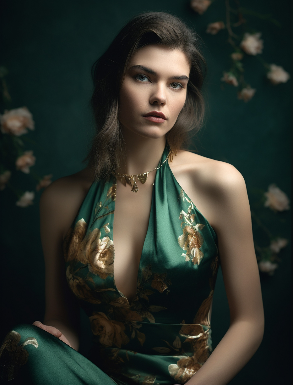 Midjourney prompt: a woman in a green dress posing for a picture, a c... - Midjourney