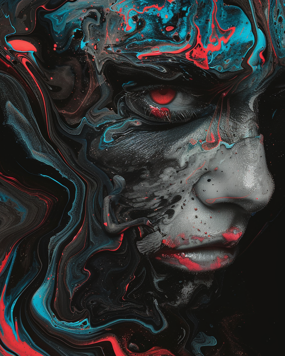 AI generated: Midjourney prompt: A woman's face with red and blue paint on a dark b... (Midjourney - Portraits)