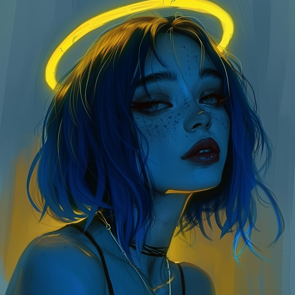Midjourney prompt: a blue girl with gold angel halo head, in the styl... - Midjourney