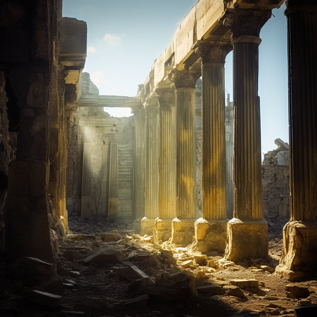 صورة مولدة بالذكاء الاصطناعي: Midjourney prompt: alien ruins, scifi, blurred, soft light, golden r... (نموذج Midjourney - عمارة وتصميم)