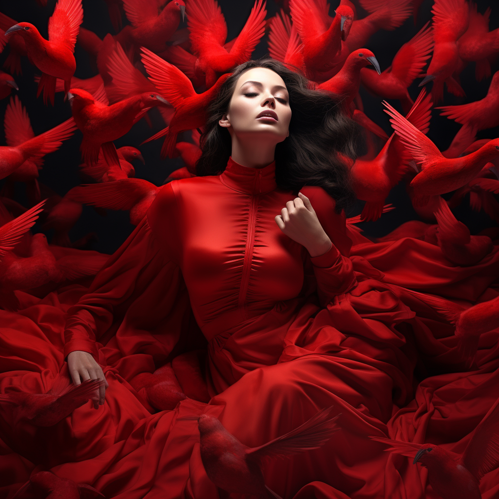 Midjourney prompt: woman in red birds around her, in the style of dre... - Midjourney