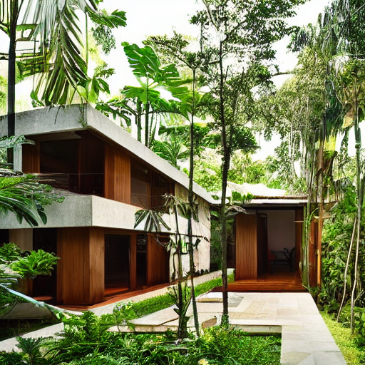 Stable Diffusion prompt: A beautiful house in tropical mo...
