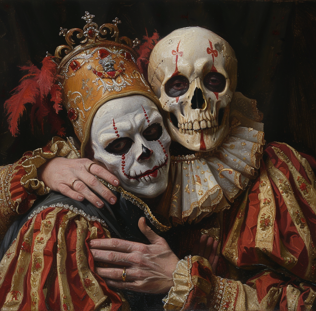 Midjourney prompt: an oil painting of two men in costumes, one is wea... - Midjourney