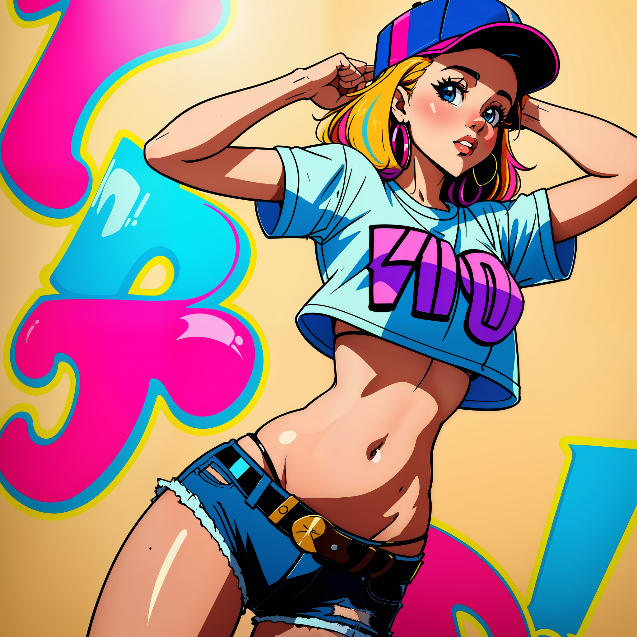 AI generated: Deliberate prompt: shirt with a girl in a hat and a belt, a photo ins... (Deliberate - Fashion)