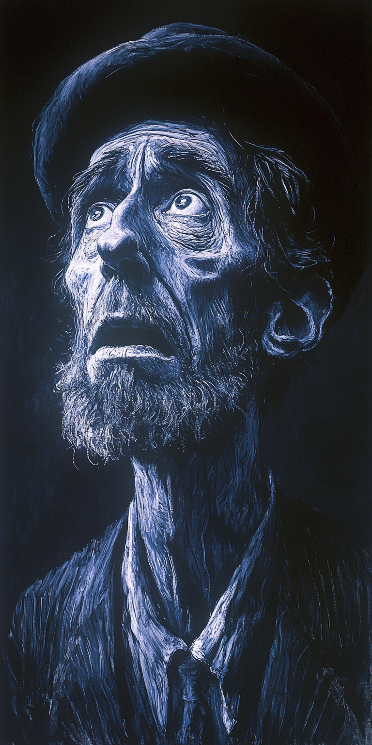 Midjourney prompt: A blue figure with an elongated head and nose, in ... - Midjourney