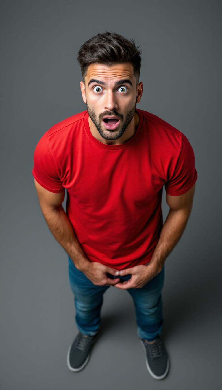 صورة مولدة بالذكاء الاصطناعي: FLUX prompt: High angle view, photograph of a handsome, stunned... (نموذج FLUX - صور شخصية)