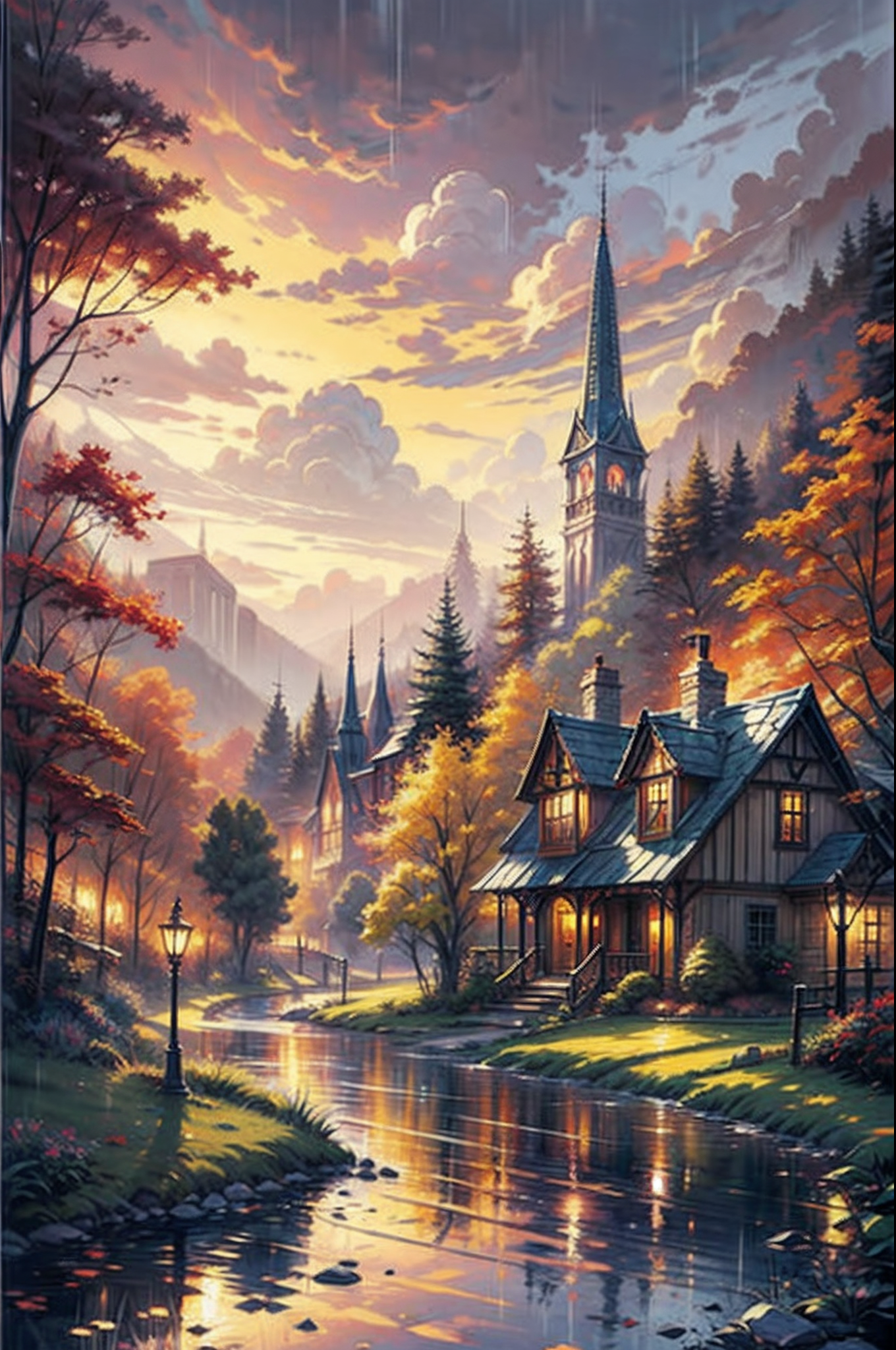 AI generated: Stable Diffusion prompt: Thomas Kinkade style watercolor painting of a beau... (Stable Diffusion - Landscapes)