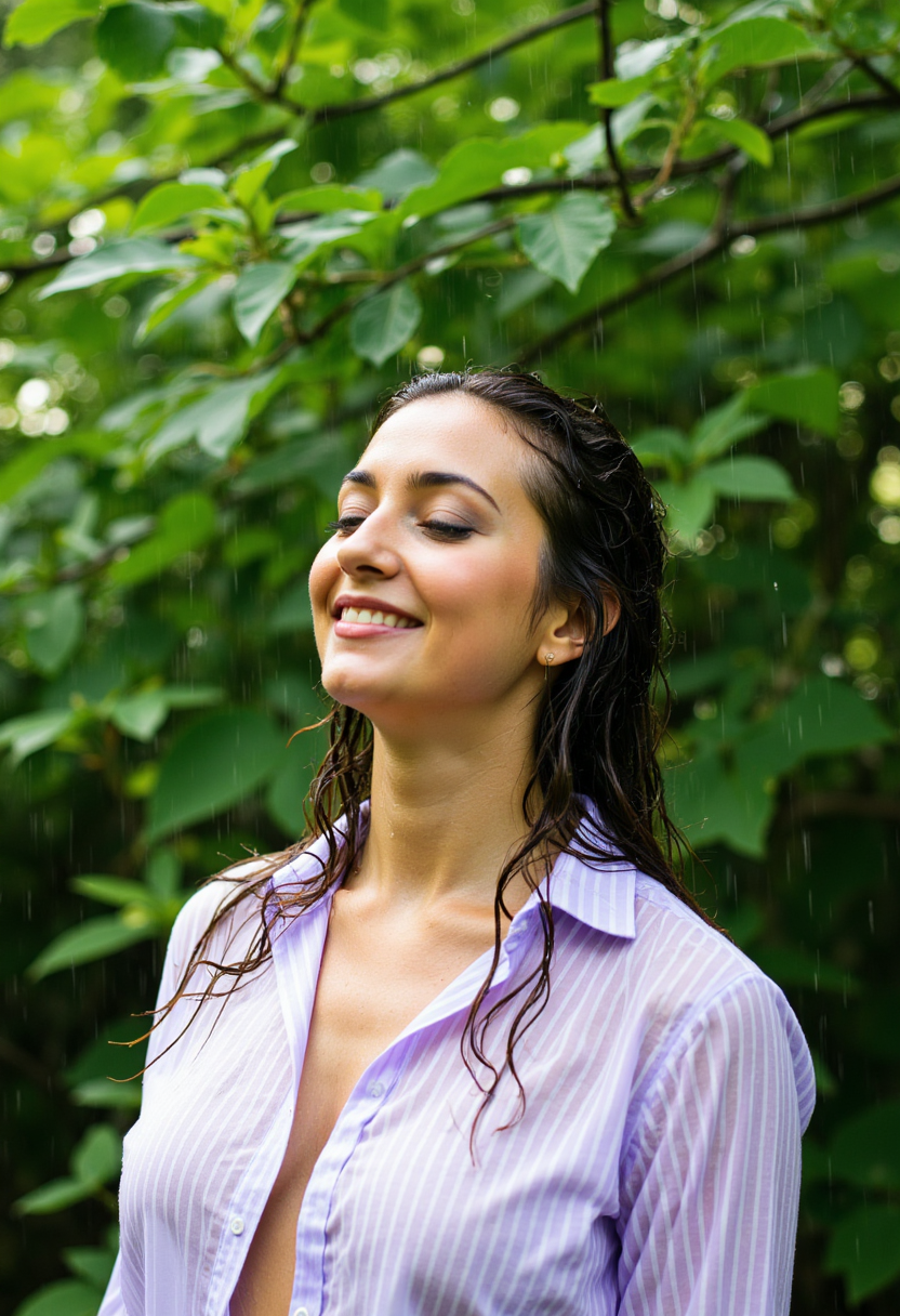 صورة مولدة بالذكاء الاصطناعي: FLUX prompt: A woman stands at one with nature, surrounded by l... (نموذج FLUX - صور شخصية)